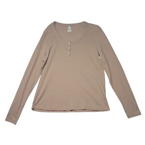 Pact Easy Rib Slim Henley Shirt Womens XL Tan Sandshell Organic Cotton Sleepwear